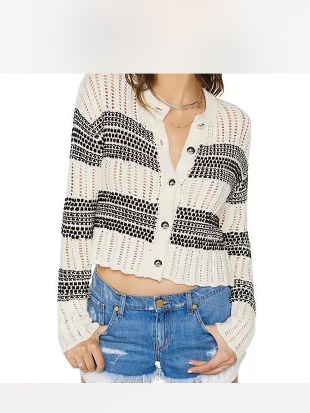 NWT Ramy Brook Cream and Black Striped Cropped Knit Cardigan MSRP $298